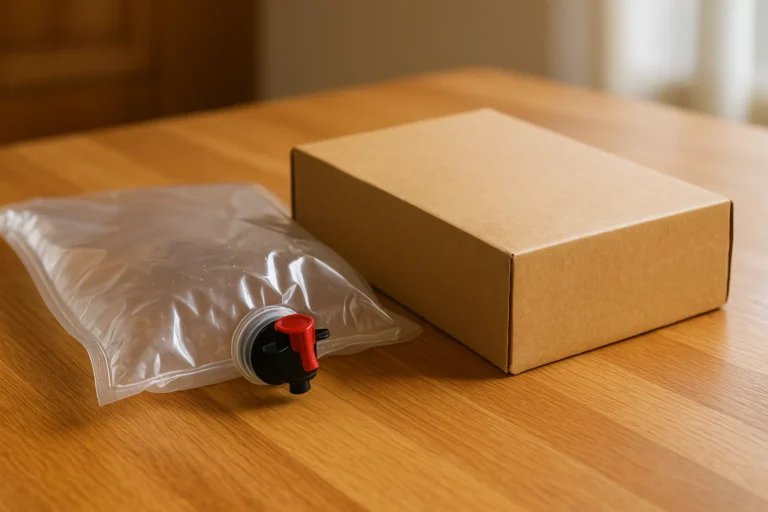 Sac souple et caisse carton d’un système Bag-in-Box posés sur un plan de travail