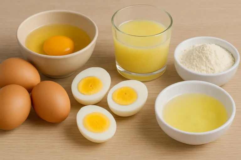 Différents ovoproduits (œufs entiers, blanc liquide et poudre) présentés sur une table de cuisine moderne