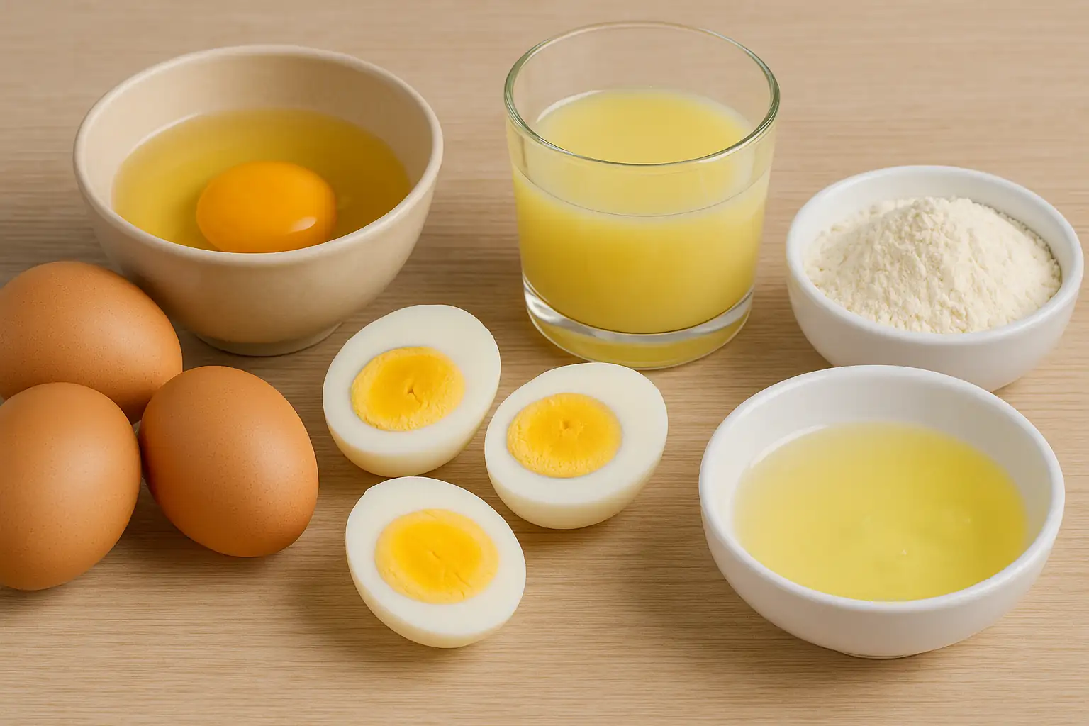 Différents ovoproduits (œufs entiers, blanc liquide et poudre) présentés sur une table de cuisine moderne