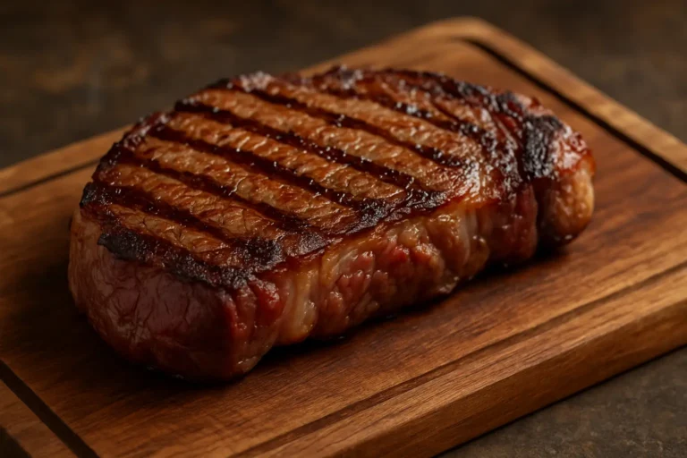 Basse-côte de bœuf Simmental grillée sur planche en bois.