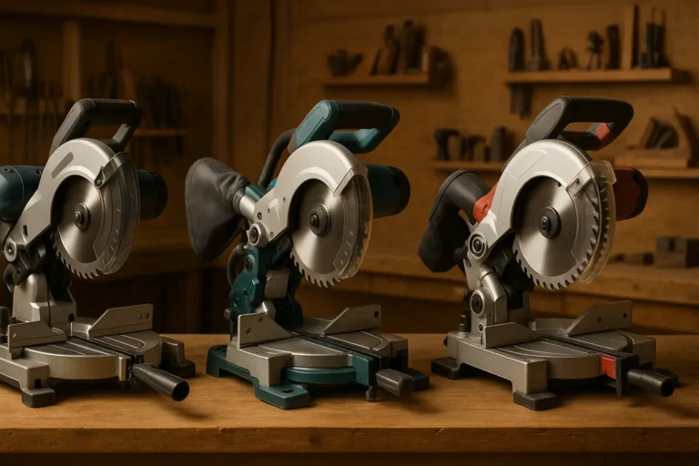 Trois scies à onglet radiales alignées sur un établi en bois dans un atelier de menuiserie.