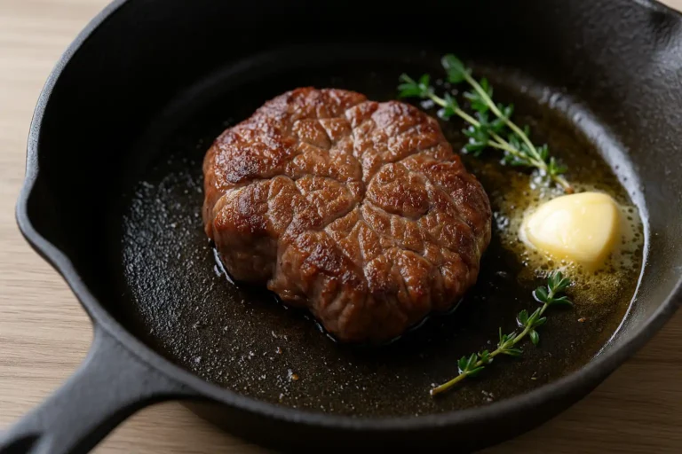 Araignée de bœuf saisie à la poêle dans du beurre et des herbes fraîches, prête à être servie.