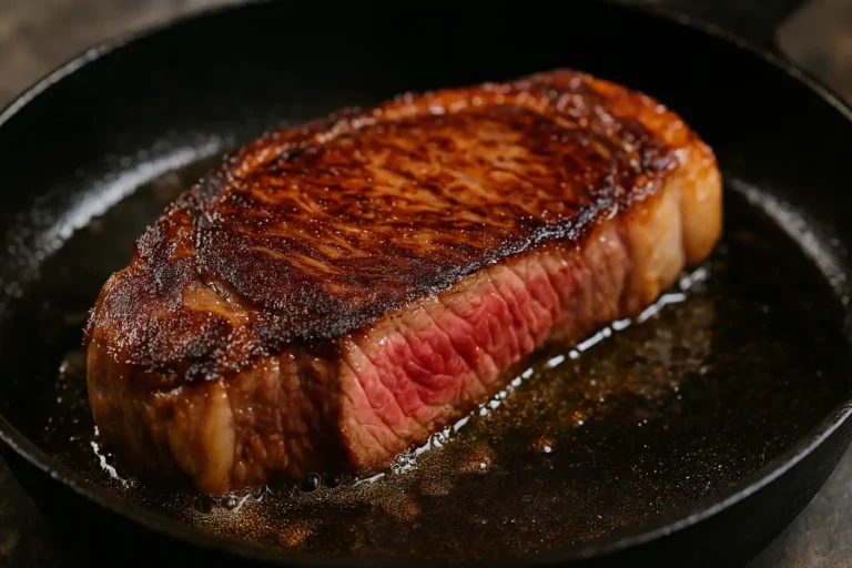 Faux-filet saignant saisi à la poêle, avec croûte dorée et viande juteuse à cœur.