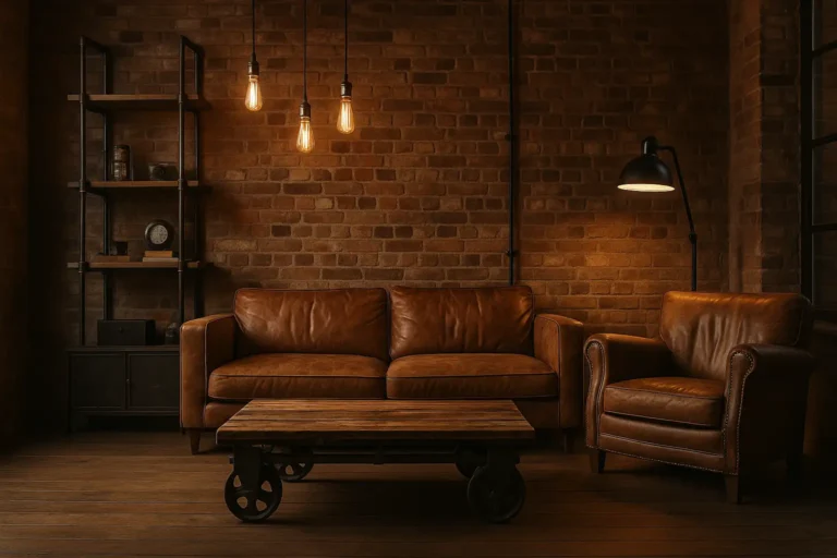 Salon style industriel vintage avec mur de briques, canapé cuir brun et table basse en bois sur roulettes.