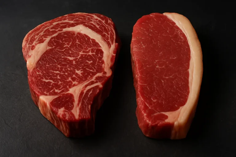 entrecôte persillée et faux-filet côte à côte sur fond sombre, marbrure visible