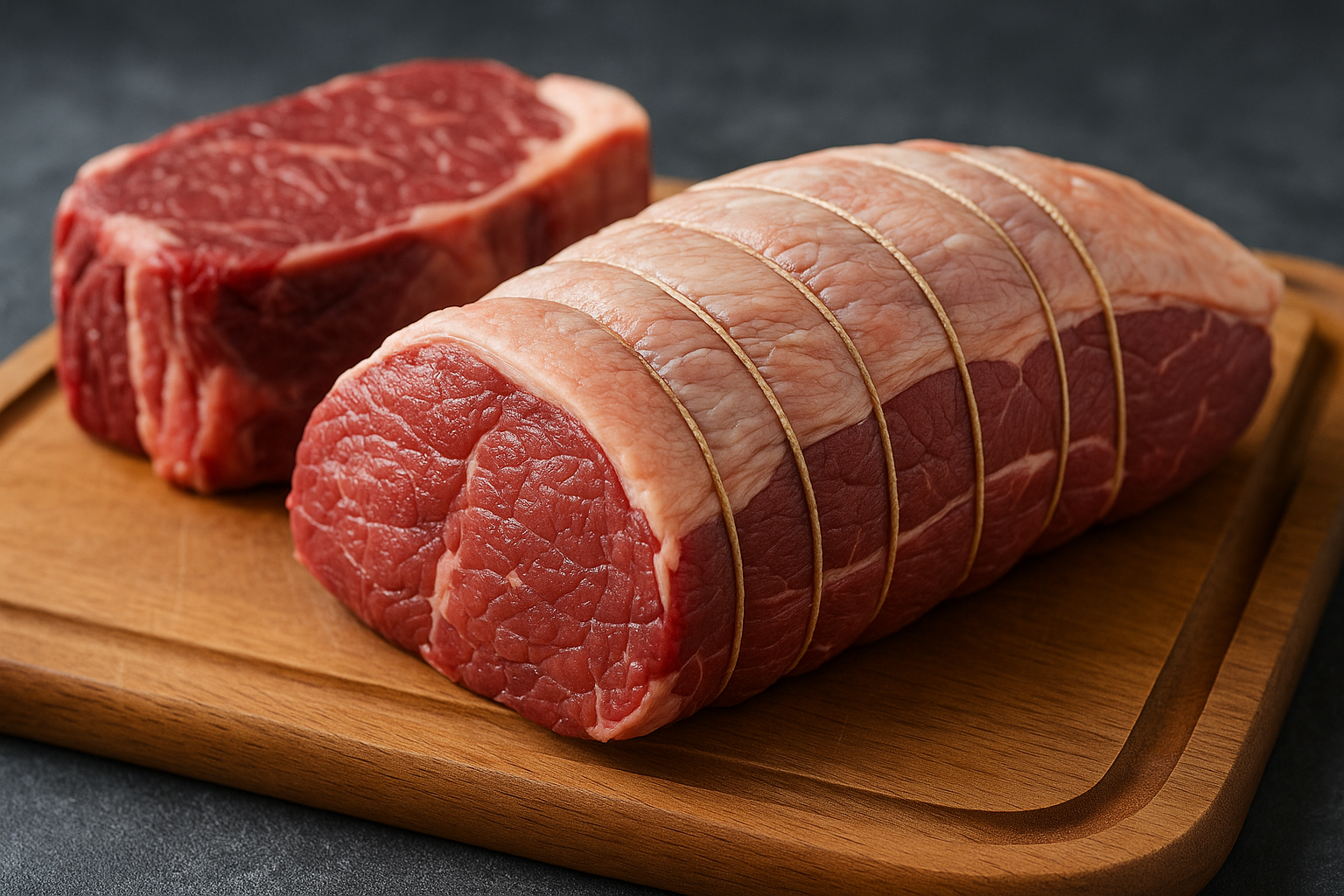 Épaule de bœuf crue ficelée sur planche en bois, gros plan sur fibres et persillage, idéale pour braiser ou rôtir.