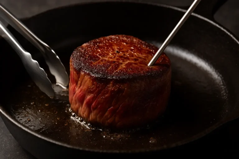 Filet de bœuf saisi à la poêle avec thermomètre sonde pour cuisson précise, plan rapproché et ambiance gastronomique.