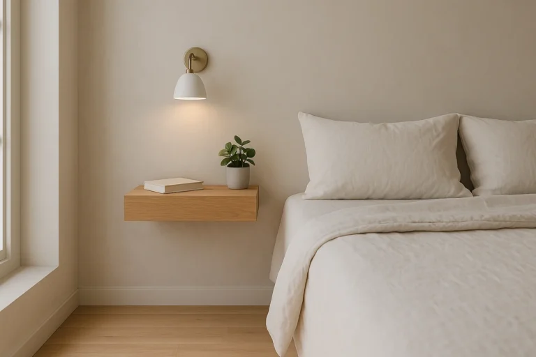 Table de chevet flottante en chêne clair avec applique murale, livre et petite plante, dans une chambre minimaliste aux tons lin et bois, lumière naturelle.