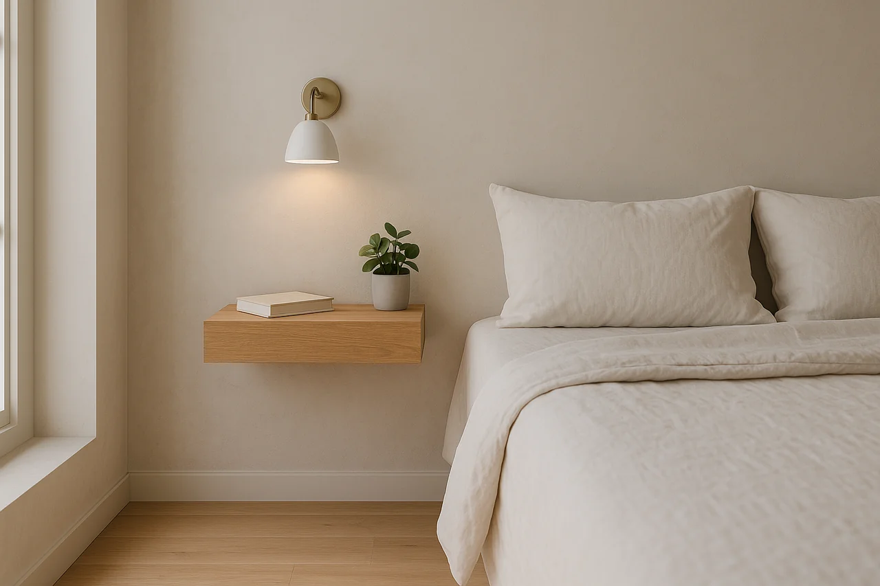 Table de chevet flottante en chêne clair avec applique murale, livre et petite plante, dans une chambre minimaliste aux tons lin et bois, lumière naturelle.