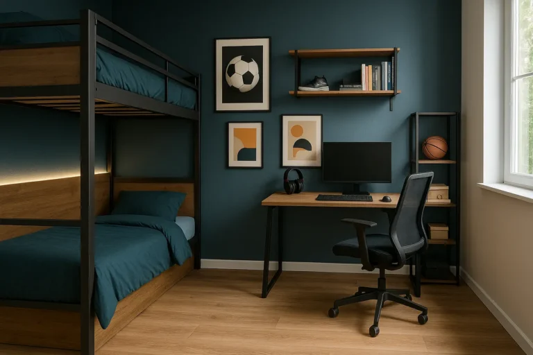 Chambre de garçon ado style industriel adouci avec lit mezzanine bois/métal, mur bleu pétrole, bureau gaming avec LED et étagères, lumière naturelle.