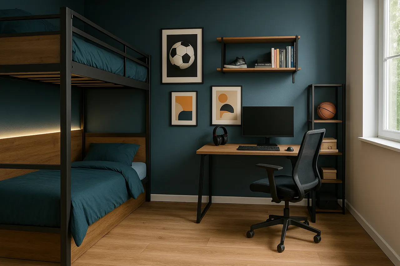 Chambre de garçon ado style industriel adouci avec lit mezzanine bois/métal, mur bleu pétrole, bureau gaming avec LED et étagères, lumière naturelle.
