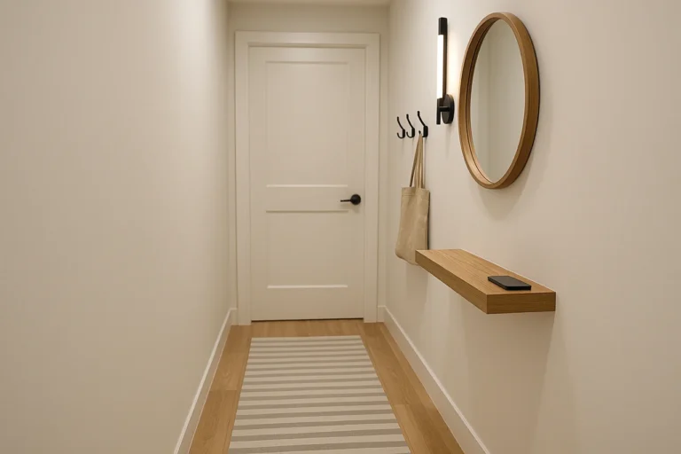Petit couloir scandinave lumineux avec miroir rond, tablette flottante en chêne, patères noires et tapis rayé, murs blanc cassé.