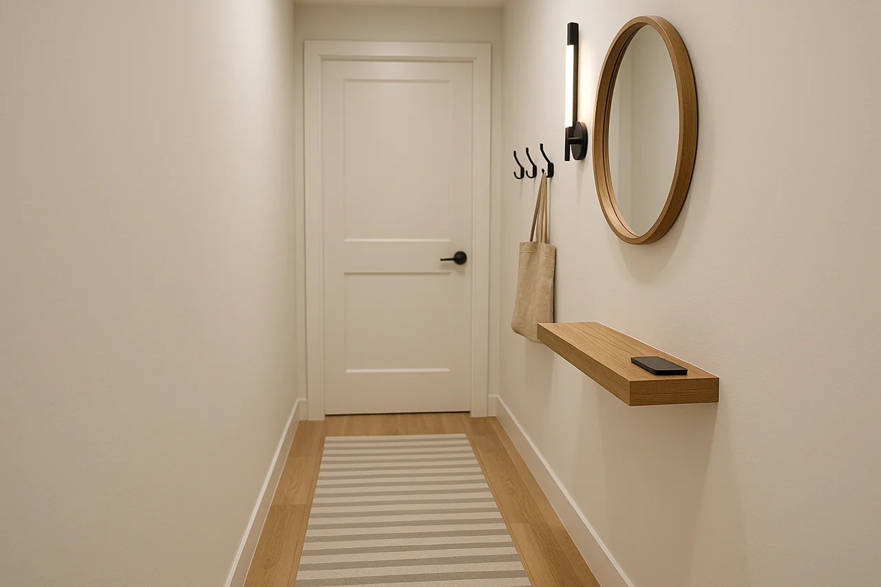 Petit couloir scandinave lumineux avec miroir rond, tablette flottante en chêne, patères noires et tapis rayé, murs blanc cassé.