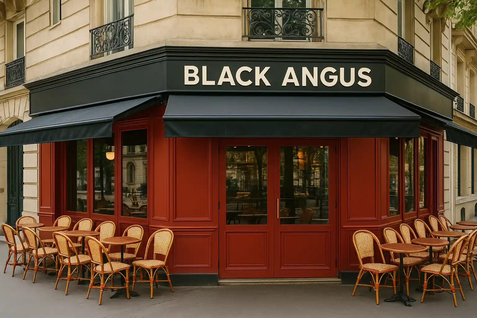Façade rouge et terrasse du restaurant Black Angus à Paris République, successeur de L’Entreboeuf fermé en 2025.