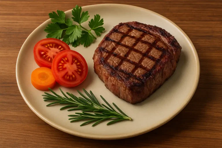 Steak de bœuf grillé avec tomates, carottes et herbes fraîches sur assiette en céramique.