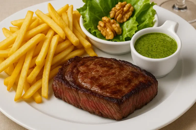 Entrecôte grillée servie avec frites dorées, sauce verte Café de Paris et salade aux noix – la formule emblématique des restaurants L’Entrecôte et Relais de l’Entrecôte.