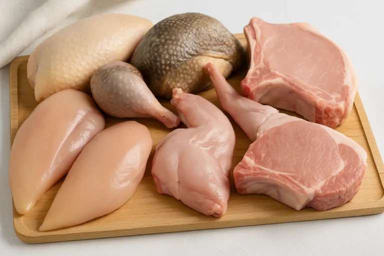 Plateau de viandes blanches crues variées (poulet, dinde, lapin, veau, porc maigre) sur planche en bois claire.