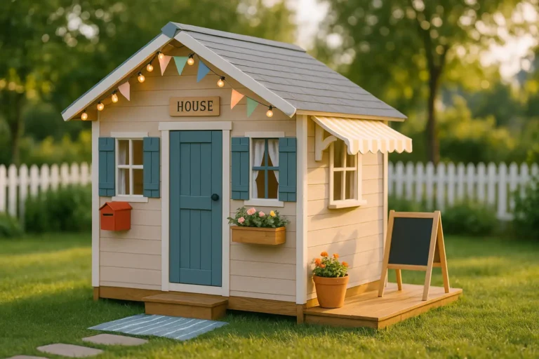 Maisonnette en bois décorée avec volets bleus, guirlandes lumineuses et fanions colorés dans un jardin verdoyant