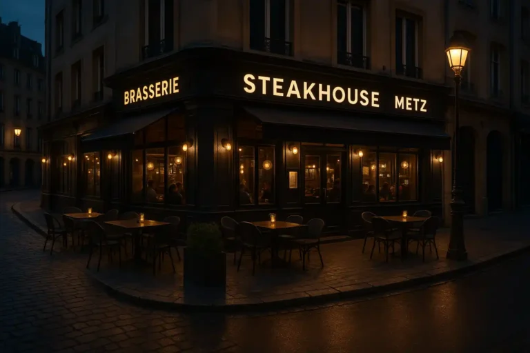 Façade nocturne d’un steakhouse moderne à Metz, ambiance chaleureuse avec terrasse et éclairages dorés.