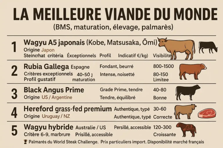 Classement des meilleures viandes du monde : Wagyu A5 japonais, Rubia Gallega, Black Angus Prime, Hereford grass-fed et Wagyu hybride.