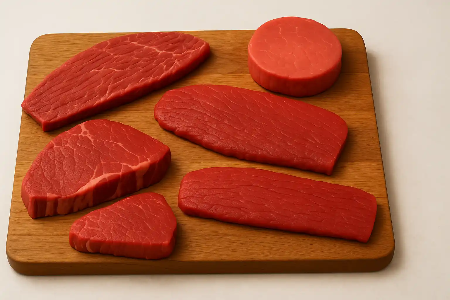Cinq morceaux de bœuf crus variés (onglet, bavette, hampe, paleron, rumsteck) disposés sur une planche en bois, gros plan réaliste.