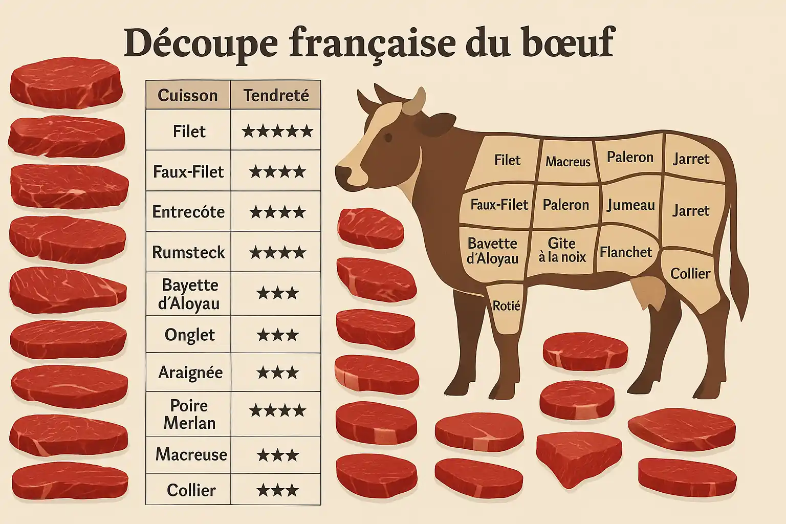 Schéma de la découpe française du bœuf avec morceaux principaux, usages et niveaux de tendreté.