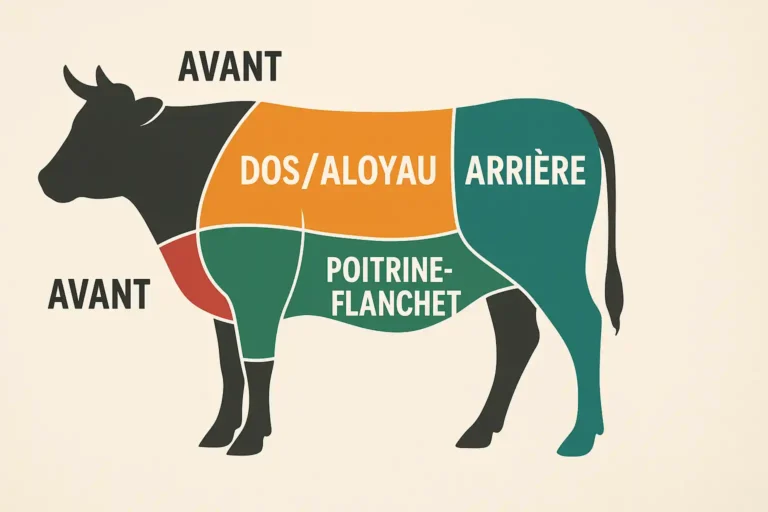 Schéma illustré des parties principales du bœuf en découpe française : avant, dos/aloyau, arrière, poitrine-flanchet.