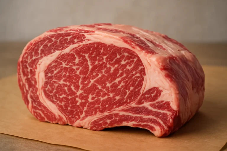 gros plan d’un morceau de bœuf persillé (côte/entrecôte) montrant la marbrure