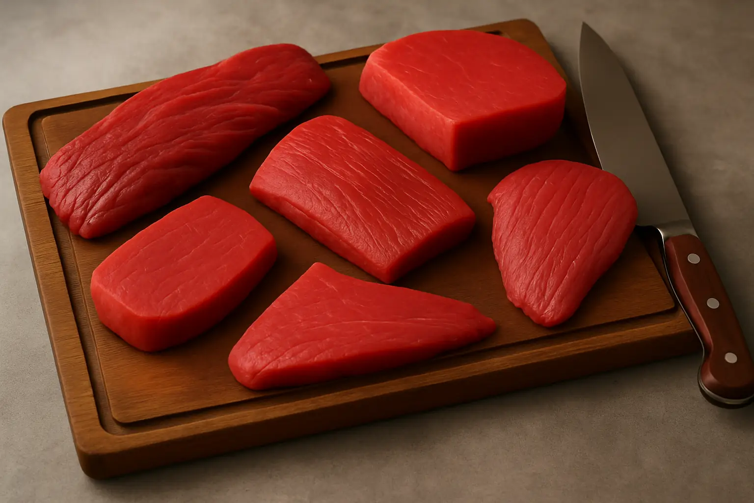 Assortiment de morceaux de bœuf crus sur planche en bois avec couteau de chef, rendu haute qualité.