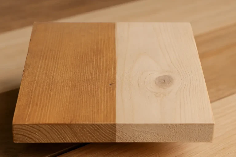 Planche de bois brut partiellement traitée par un produit incolore, sans différence visible de teinte.