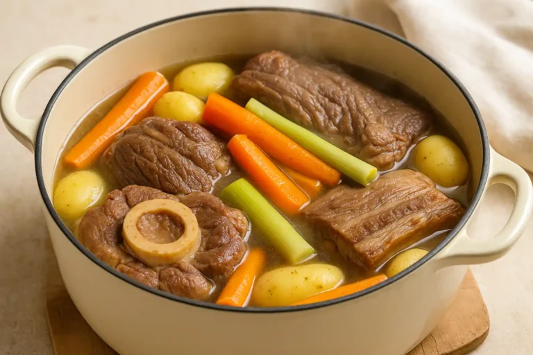 Pot-au-feu traditionnel avec morceaux de bœuf, carottes, poireaux, pommes de terre et bouillon fumant en cocotte.