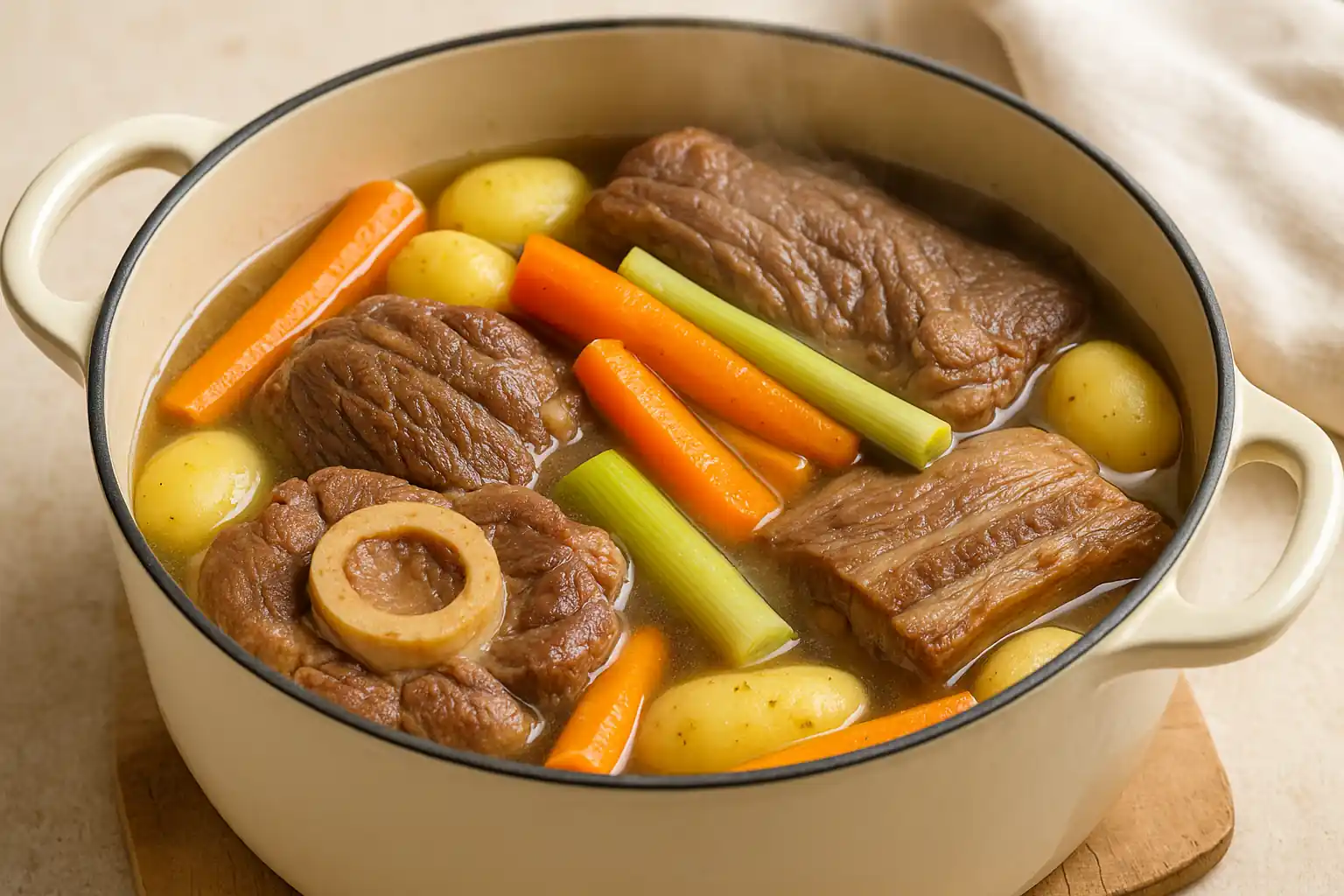 Pot-au-feu traditionnel avec morceaux de bœuf, carottes, poireaux, pommes de terre et bouillon fumant en cocotte.