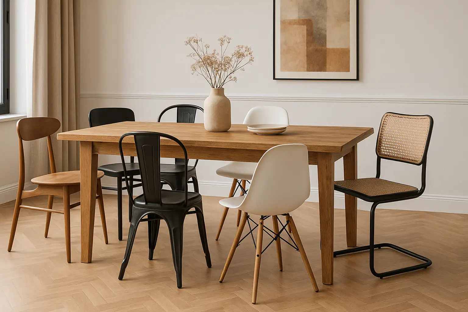 Table en bois entourée de chaises dépareillées : métal noir, bois courbé, coque blanche et cannage, dans une salle à manger lumineuse.