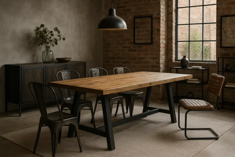 Salle à manger style industriel avec murs en briques et béton, grande table en bois brut, chaises en métal noir et cuir, et lumière naturelle entrant par une grande fenêtre