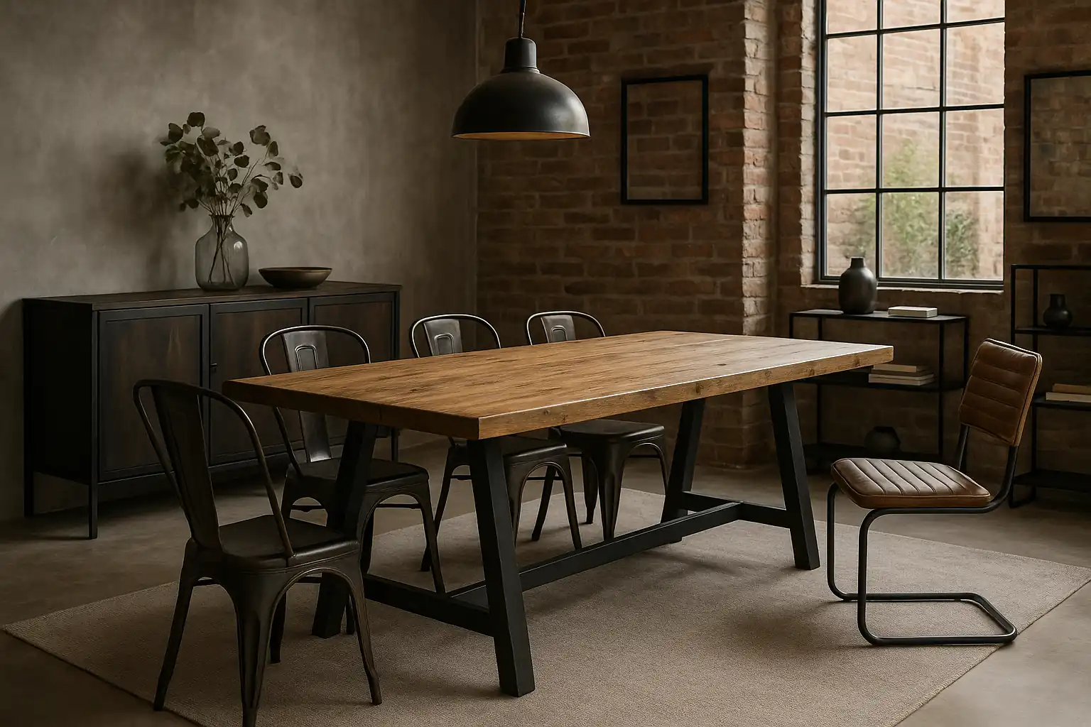 Salle à manger style industriel avec murs en briques et béton, grande table en bois brut, chaises en métal noir et cuir, et lumière naturelle entrant par une grande fenêtre