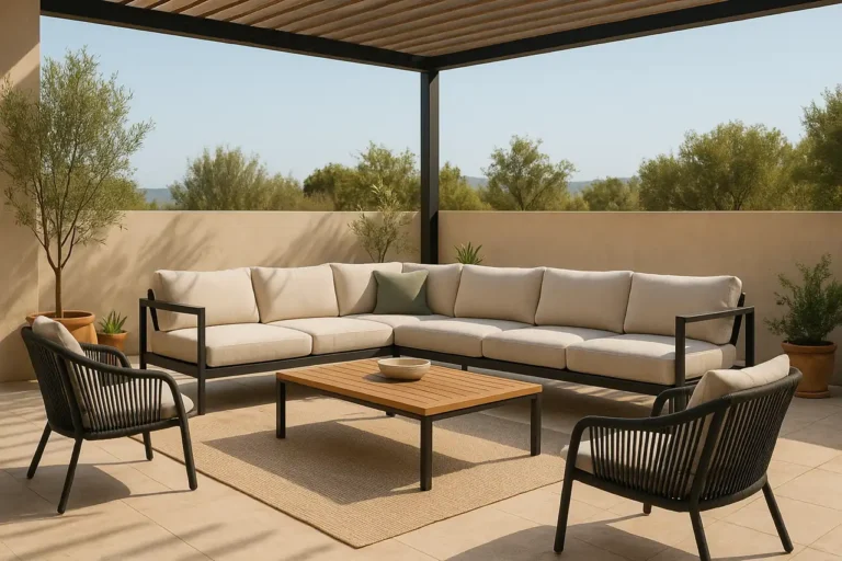 Salon de jardin 2025 sous pergola noire, canapé d’angle alu noir coussins écru, fauteuils cordage, table basse teck, tapis outdoor beige et pots méditerranéens.