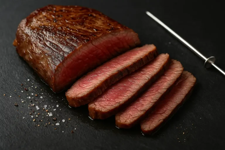 steak de bavette saisi puis tranché à contresens sur ardoise, cuisson saignante