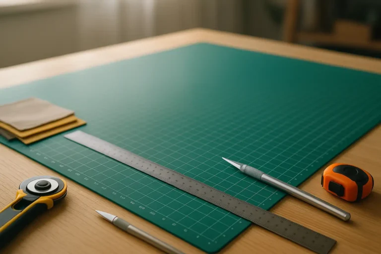 Plan de travail avec grand tapis de découpe vert quadrillé, entouré d’une règle métallique, d’un cutter rotatif, d’un scalpel et d’un mètre ruban.