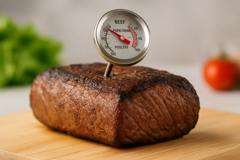Thermomètre de cuisson planté dans un rôti de bœuf, illustrant les températures idéales de cuisson des viandes.