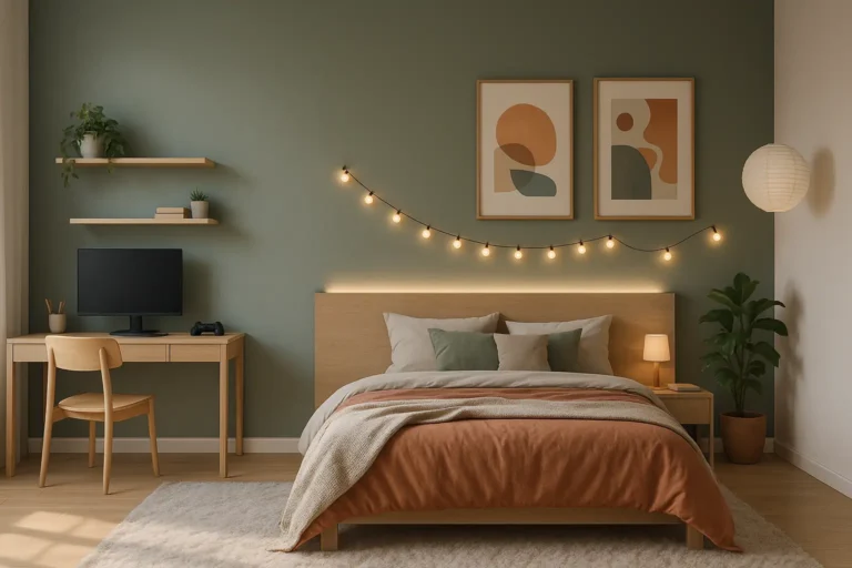 Chambre d’adolescent tendance avec mur vert sauge, lit terracotta, bureau en bois clair et guirlande lumineuse.