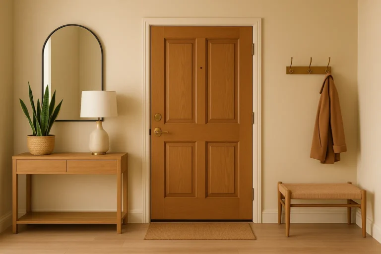 Entrée accueillante aux murs beige sable avec porte en bois, console en chêne clair, plante verte et banc tissé sous lumière naturelle.