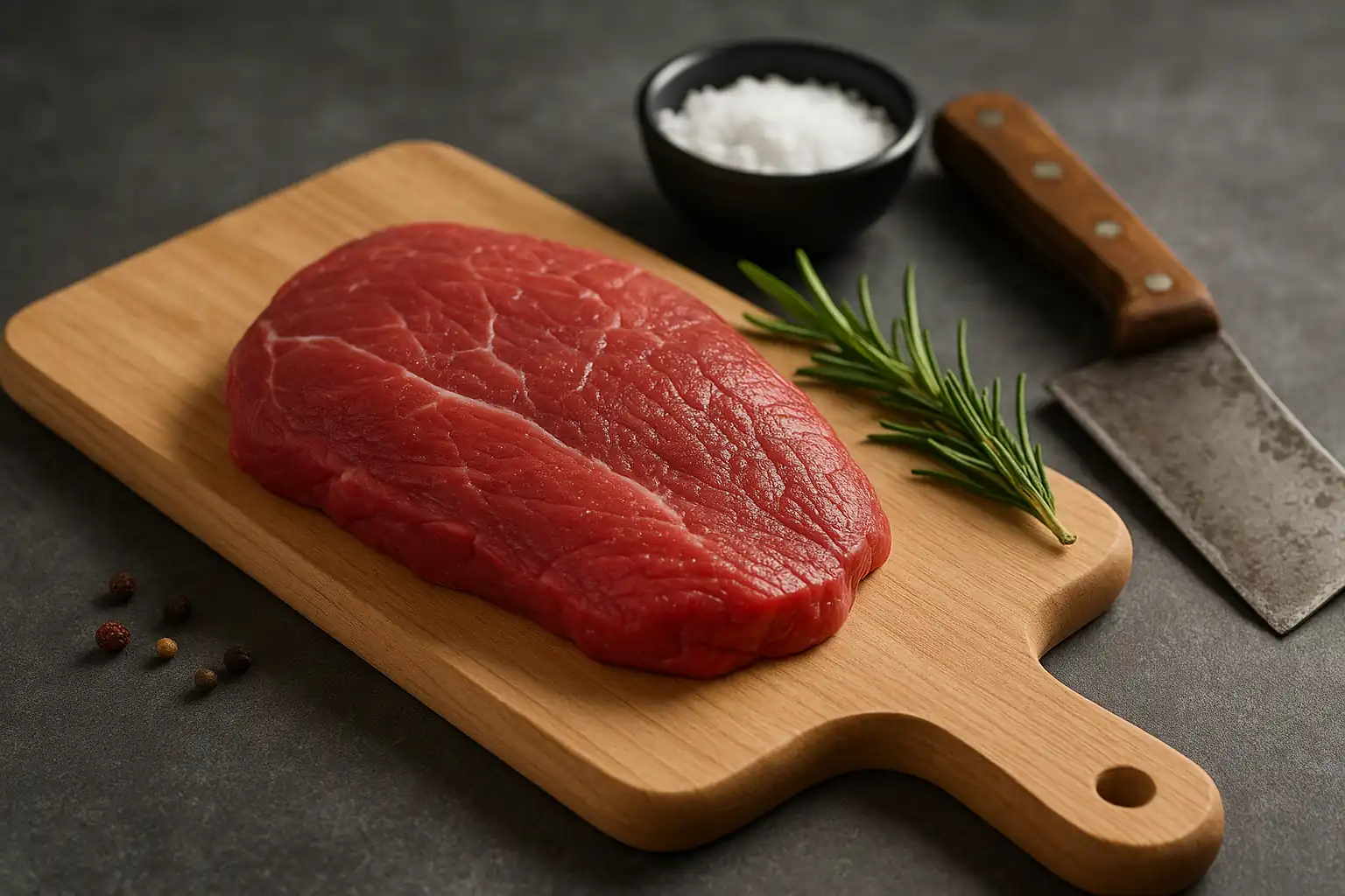 Morceau cru de tende de tranche de bœuf sur planche en bois, avec romarin, sel et hachoir en arrière-plan