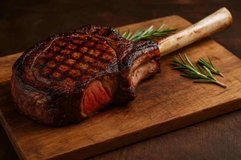 Tomahawk de bœuf grillé avec os long, posé sur planche en bois, cuisson saignante à point.