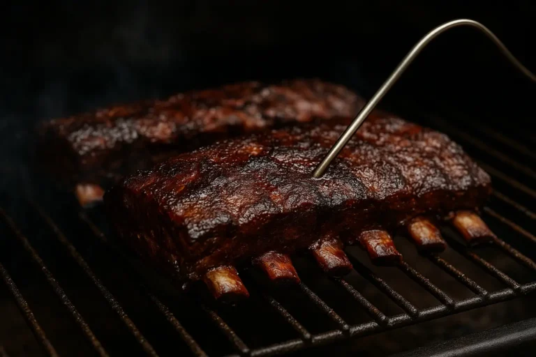 Travers de bœuf grillés sur barbecue avec thermomètre sonde, cuisson lente pour viande fondante.
