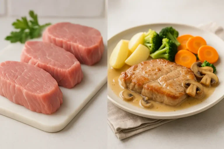 Viande de veau rosée crue et escalope de veau cuisinée avec légumes, illustrant la classification entre viande blanche et rouge.