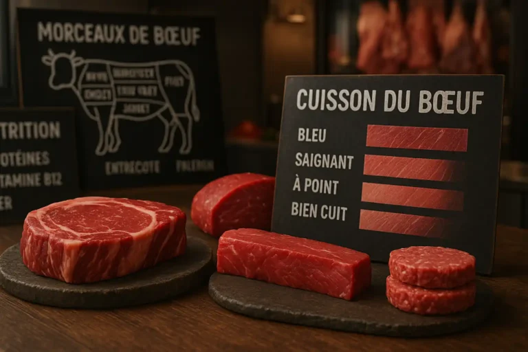 Morceaux de viande de bœuf crus présentés avec tableau des cuissons (bleu, saignant, à point, bien cuit) et schéma de boucherie
