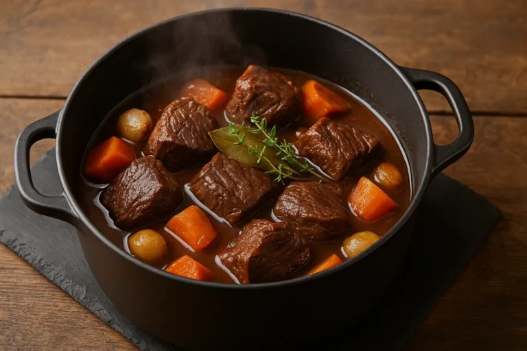 cocotte en fonte avec bœuf mijoté tendre, carottes, oignons, laurier et thym sur table en bois