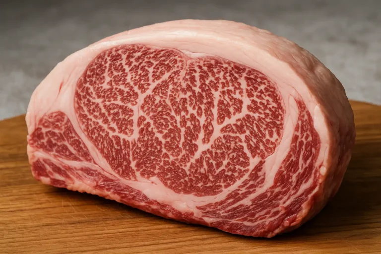 Gros plan d’une pièce de bœuf crue très persillée, avec une marbrure blanche homogène dans la viande rouge, illustrant sa tendreté et sa qualité premium.