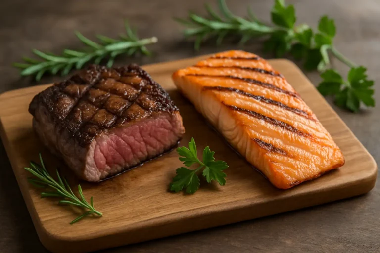 Photo d’un steak de bœuf mi-saignant et d’un filet de saumon grillé côte à côte sur une planche en bois, garnis de brins de romarin et de persil.