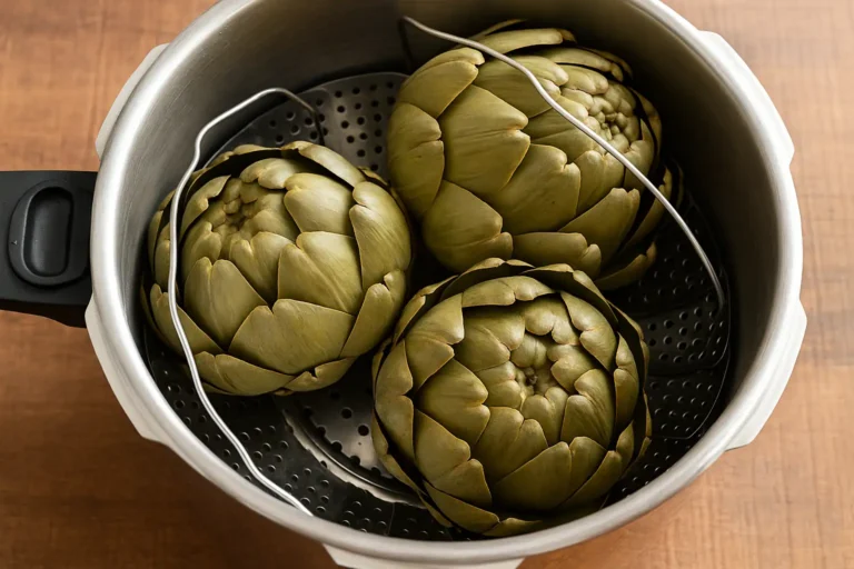Artichauts cuits à la cocotte-minute dans un panier vapeur en inox